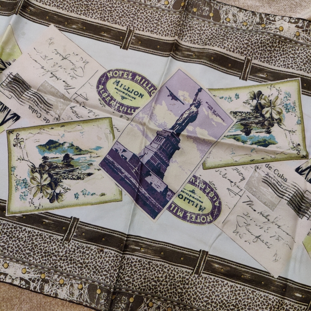 Vintage Talbot's Travel Postcards Luggage Themed Print Silk Scarf, 17" X 66" - Picture 4 of 8